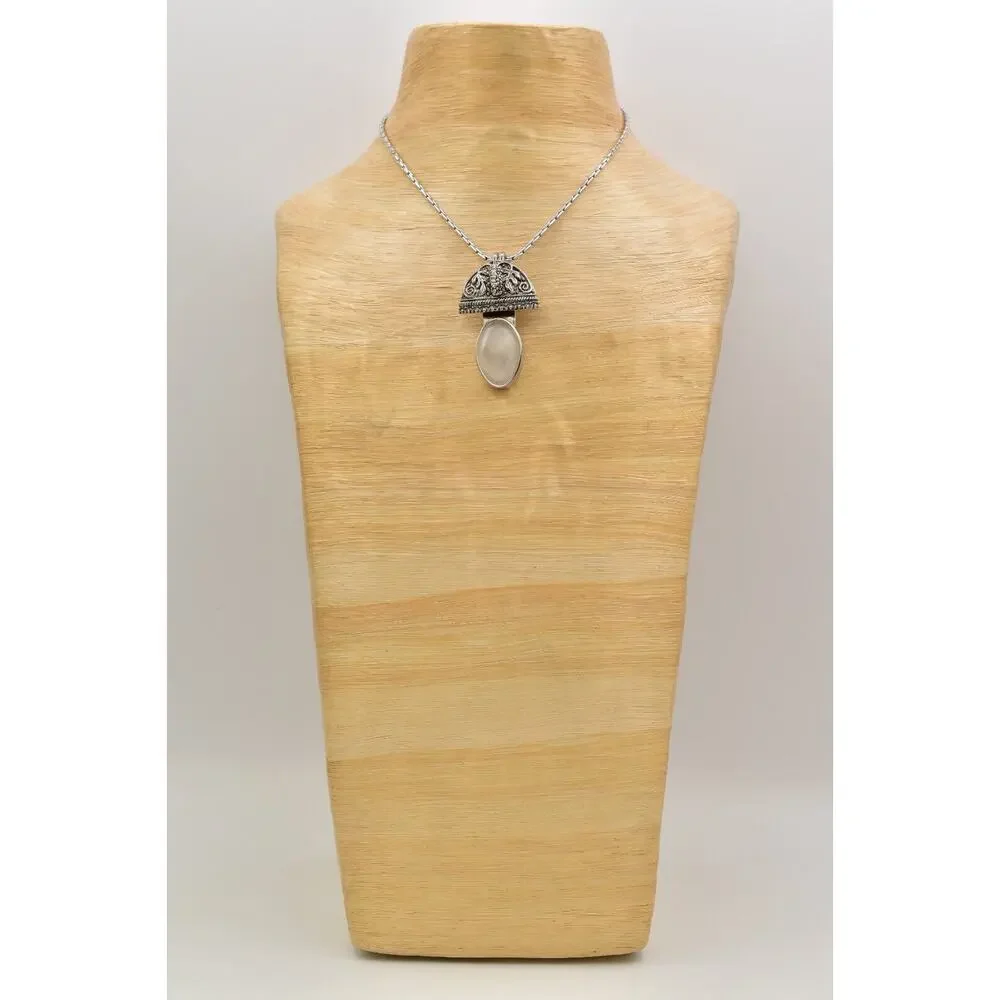 Rebecca Collins Pendant Necklace Frosted Cabochon Silver Tone Chain Signed BinBE